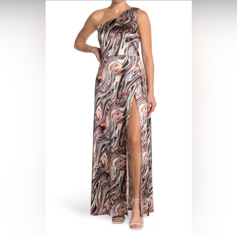 CHRISTINA COWL NECK SWIRL SATIN DRESS